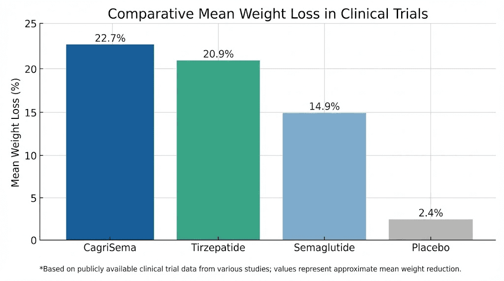 Weight loss comparison chart for CagriSema vs tirzepatide vs semaglutide clinical trials