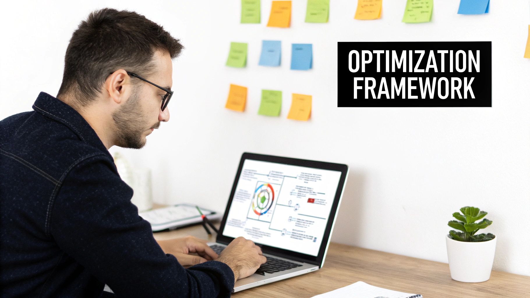 A man wearing glasses works on a laptop showing an optimization diagram, with a framework sign on the wall.