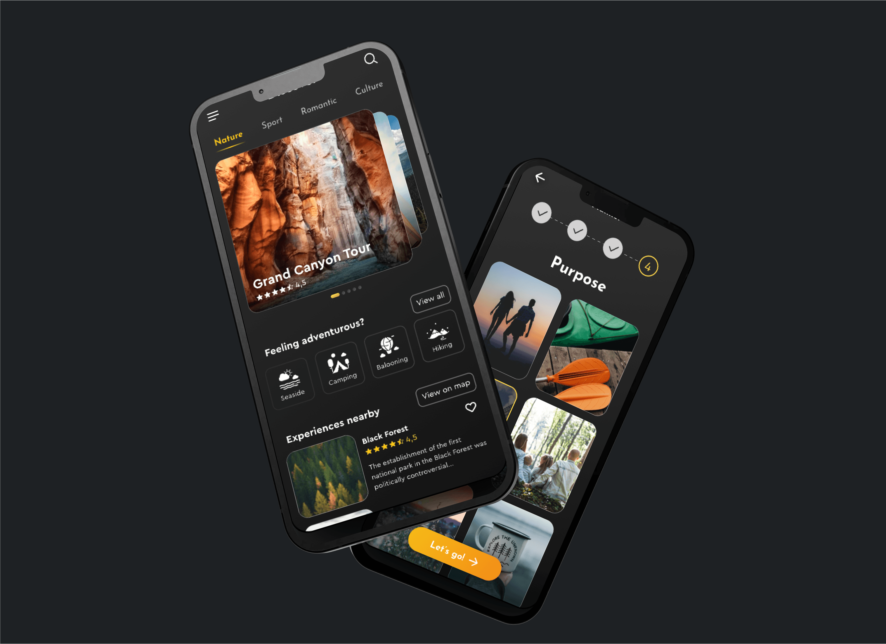 Visualisation of 2 mobiles floating in the air. First one has brighr canyon images with following things to do and other places to visit. Another one has a trip planning process screen, with the last step selected to choose a purpose.