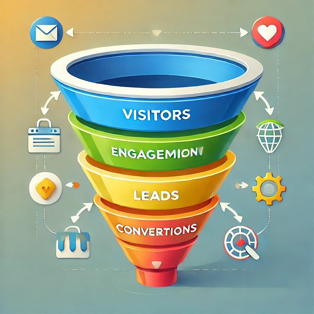 A colorful conversion funnel graphic with four layers labeled from top to bottom: "Visitors" (blue), "Engagement" (green), "Leads" (yellow), and "Conversions" (red). Arrows guide the flow downward, illustrating the customer journey. Icons next to each label represent website visitors, engagement (speech bubble), leads (contact form), and conversions (checkmark). The design features a clean, flat style with a minimalistic background.