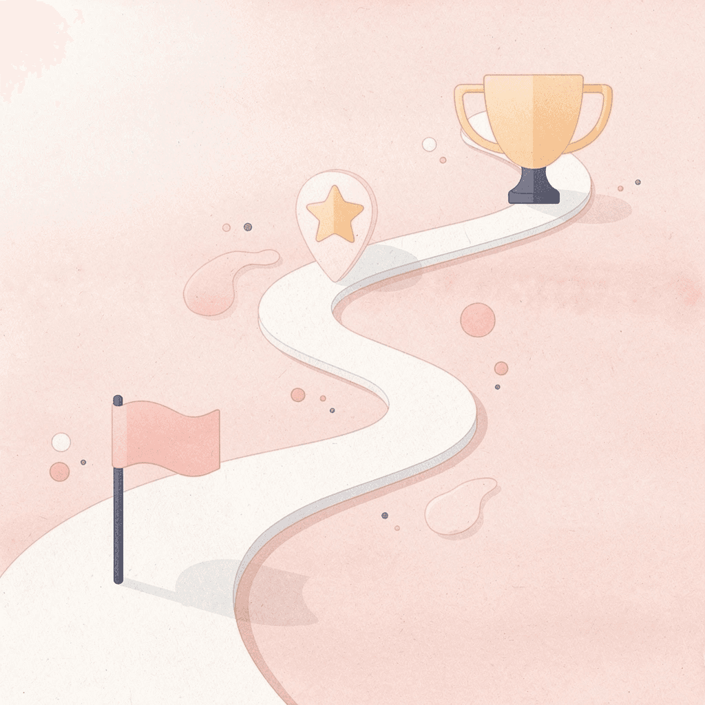 Winding path with milestone markers showing language learning journey