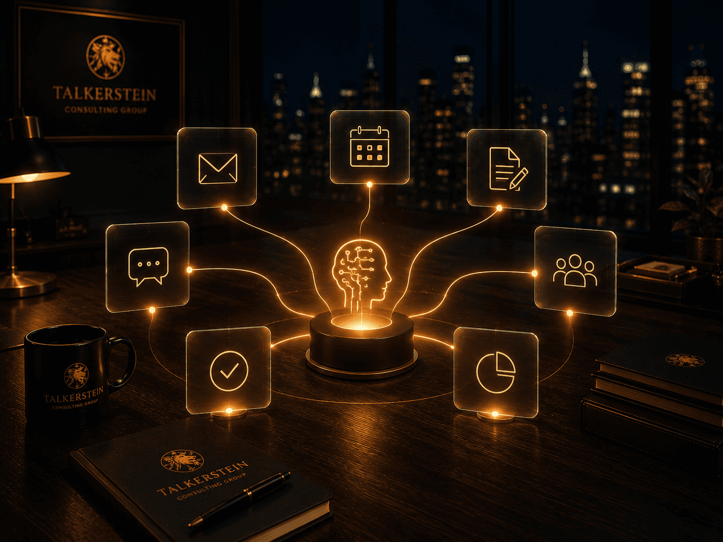 Central AI assistant hub displayed on a dark walnut desk, connected by glowing pathways to administrative tasks such as email management, scheduling, document preparation, reporting, customer communication, and data organization, illustrating how AI consolidates routine business operations into a single intelligent workflow.