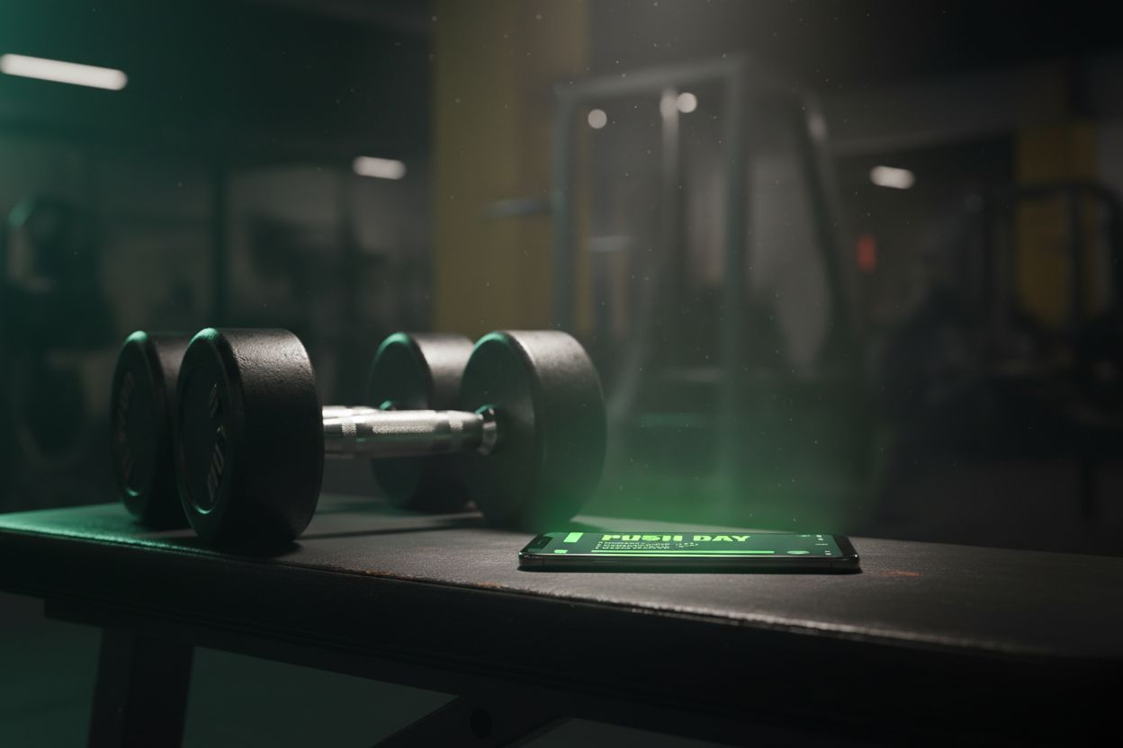 Smartphone with a workout routine app beside dumbbells
