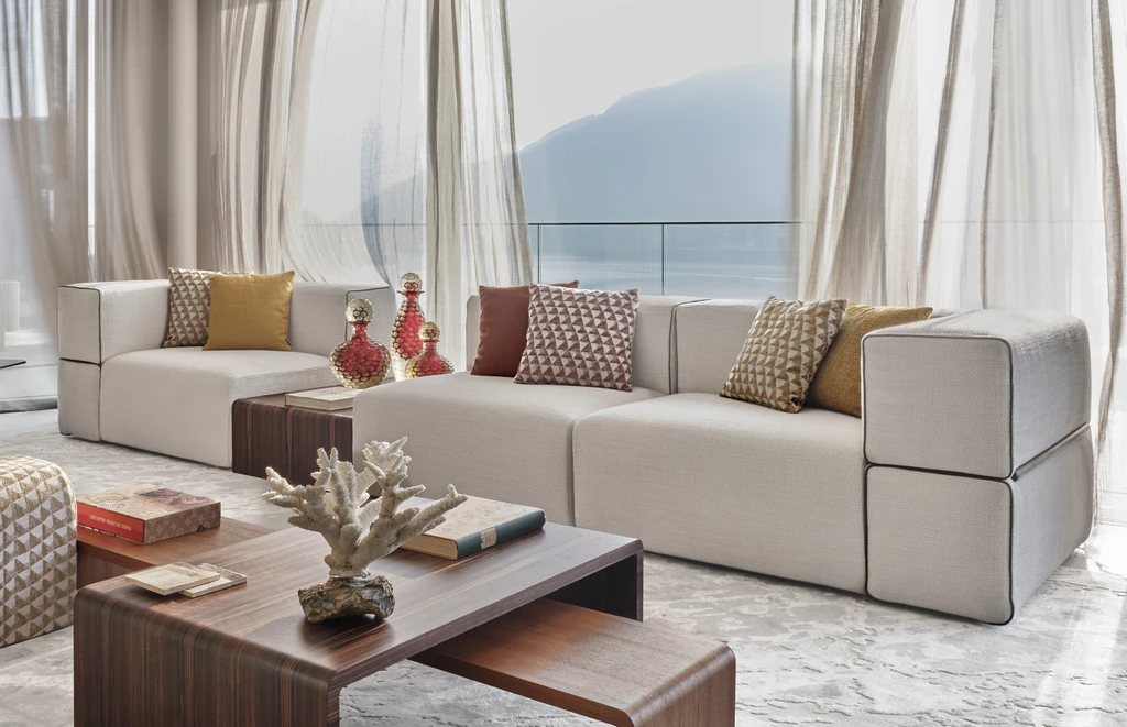 Italian luxury componible sofa in an urban setting with matched contemporary elements