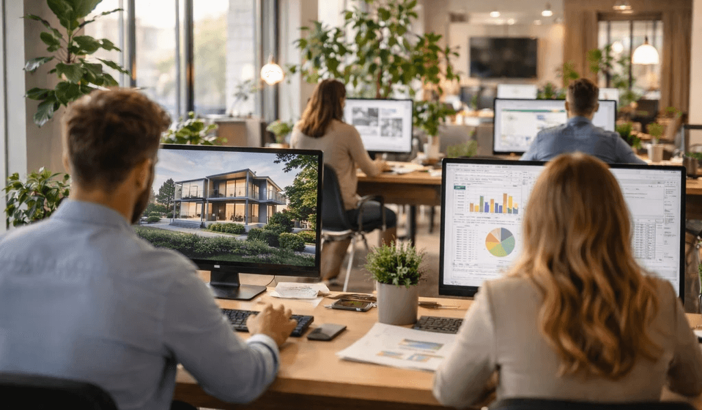 team workspace with people working