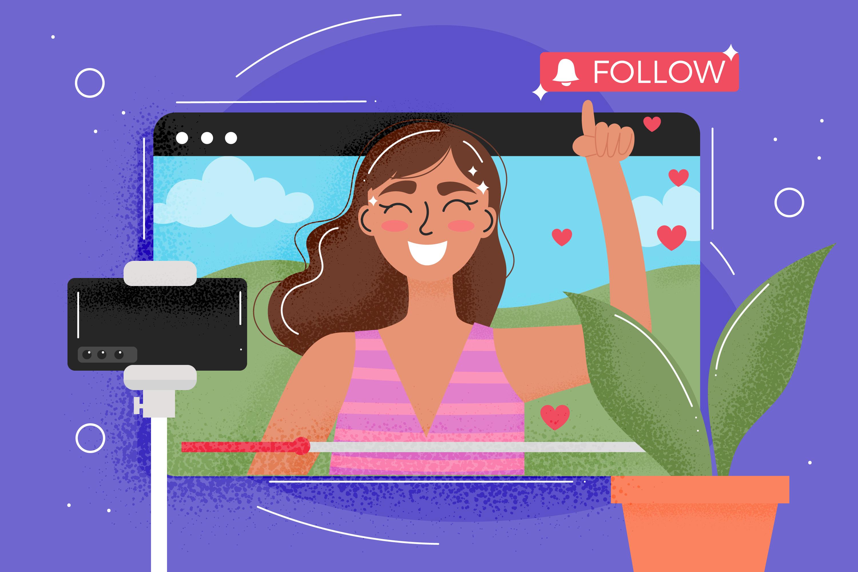 Illustrated influencer filming content on a smartphone with heart reactions and a follow button