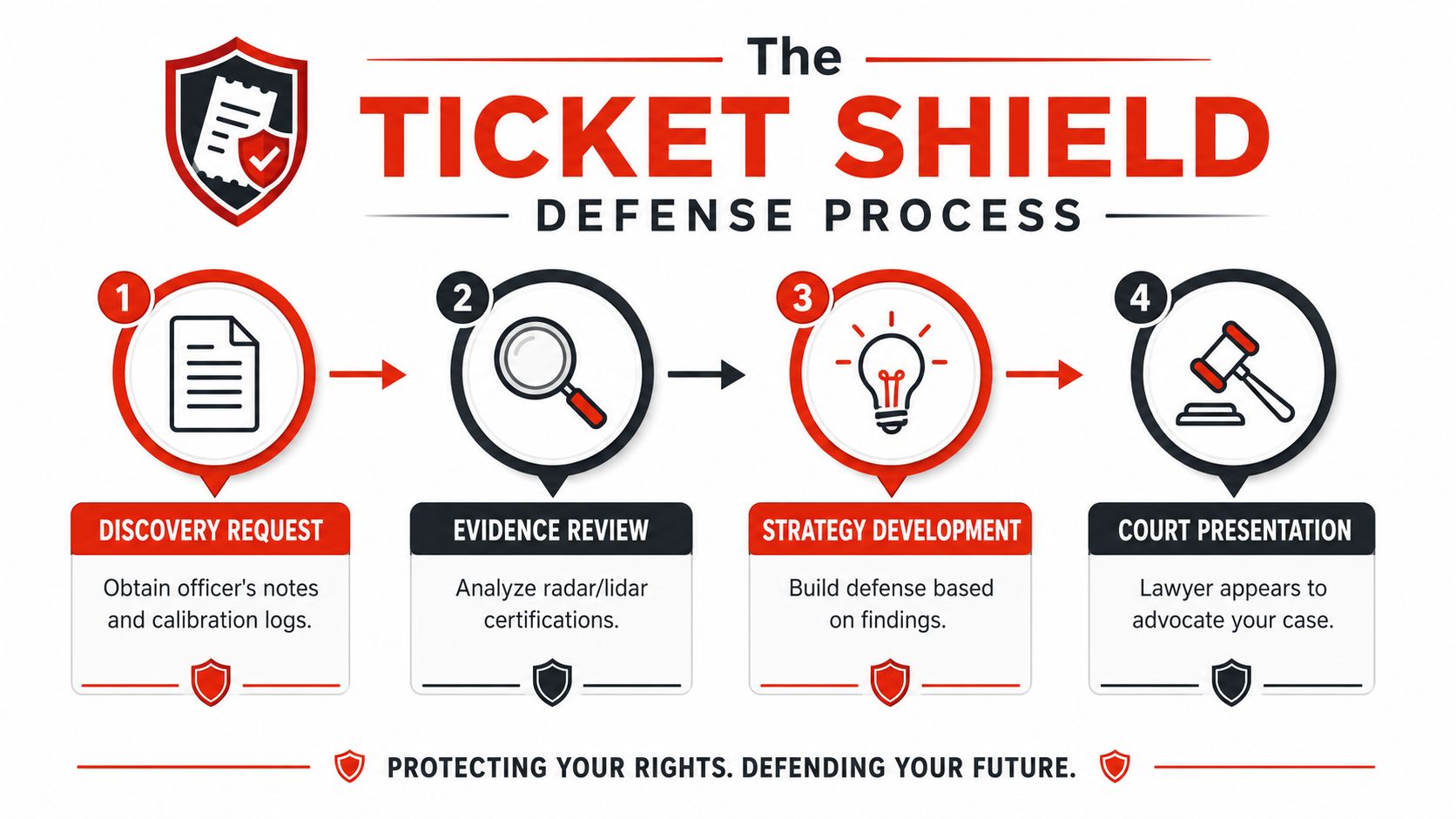 An infographic showing the four steps of the Ticket Shield defense process for fighting speeding tickets.