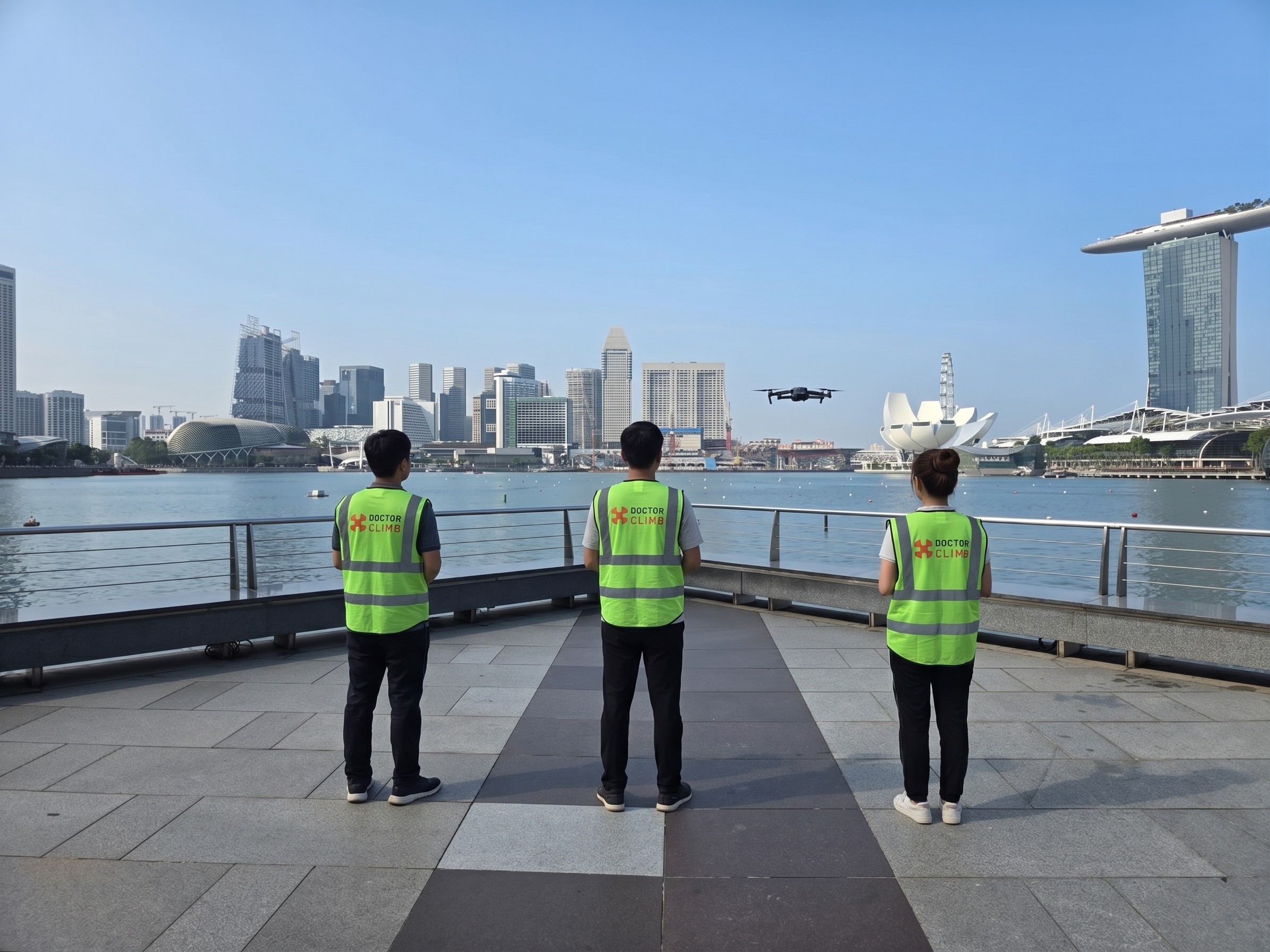 A group of drone experts conducting drone jobs over the Singapore city