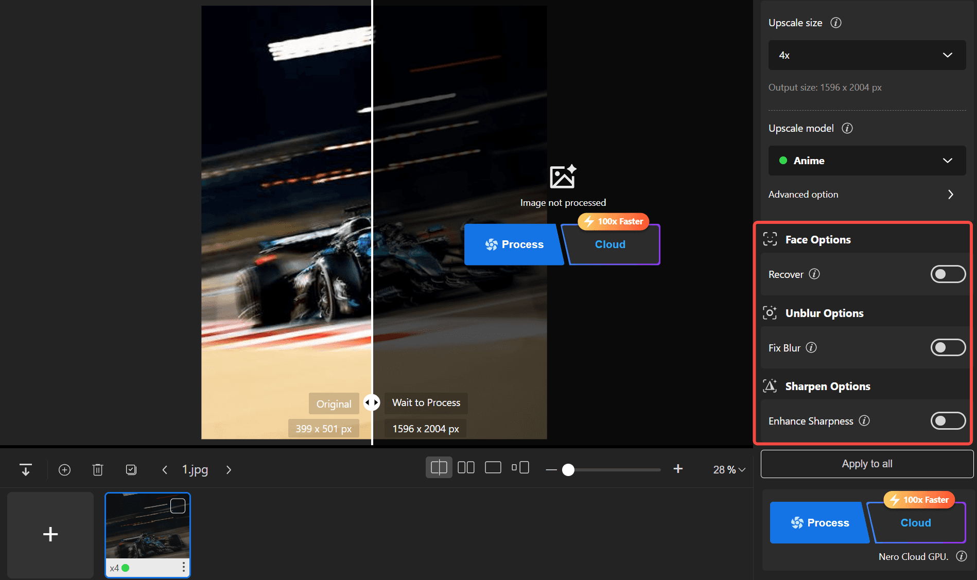 Fix Blur, face recovery, and sharpening options in Nero AI Image Upscaler Desktop