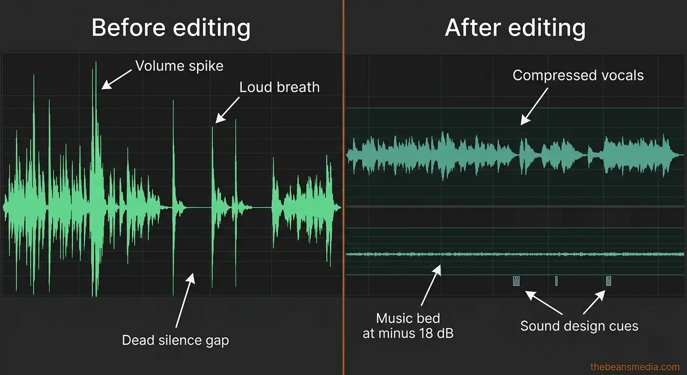 Audio waveform comparison showing before and after editing for talking head video audio optimization with sound design elements