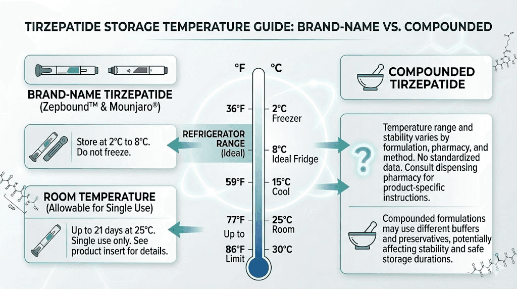 Tirzepatide storage temperature guide for Zepbound and compounded versions