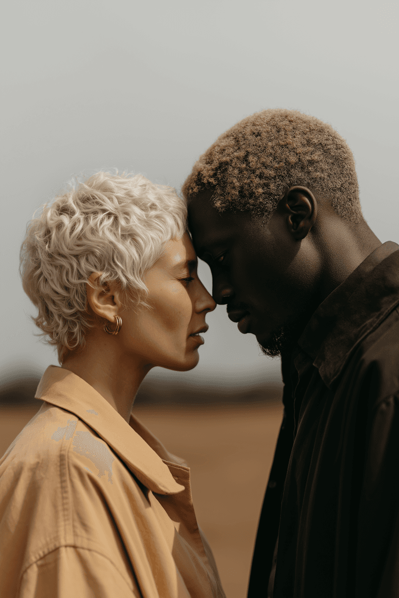 A close-up of a couple leaning their heads together, one looking directly at the camera.
