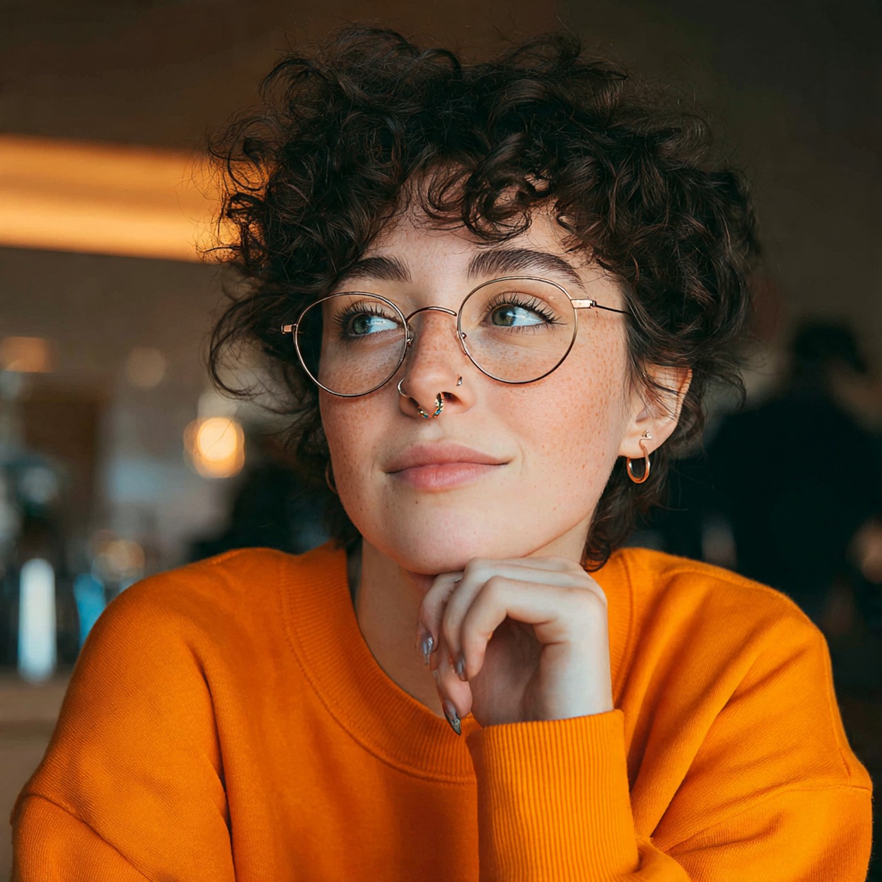 Young woman with curly hair, glasses, and an orange sweater smiling.