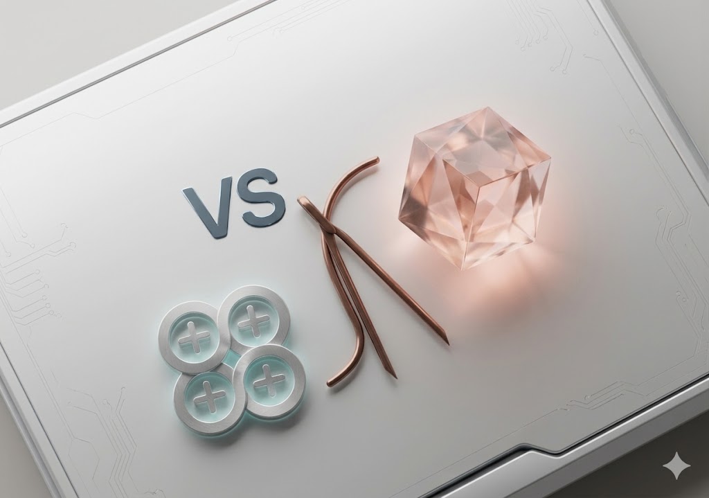 A minimalist and premium comparison image on a futuristic console surface from Artonest, featuring "VS" text and three contrasted symbols. 