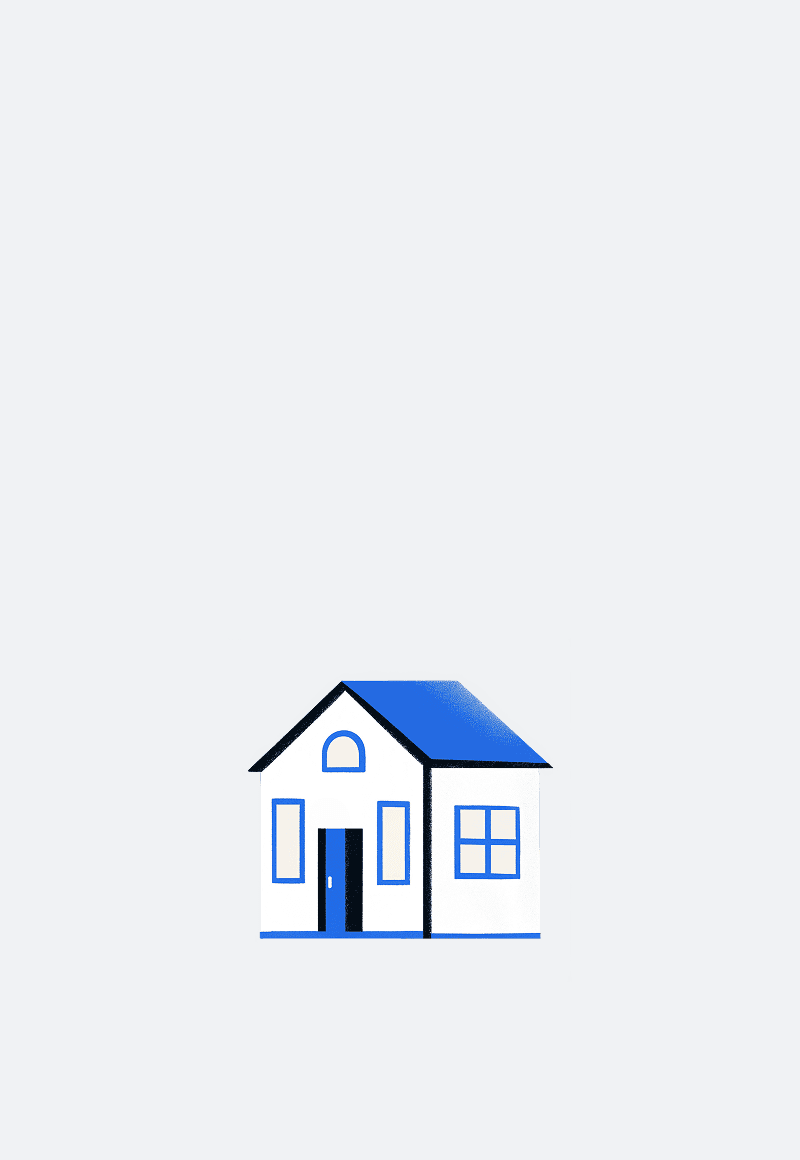 A simple icon of a house with a blue roof and a blue door on a gray background.