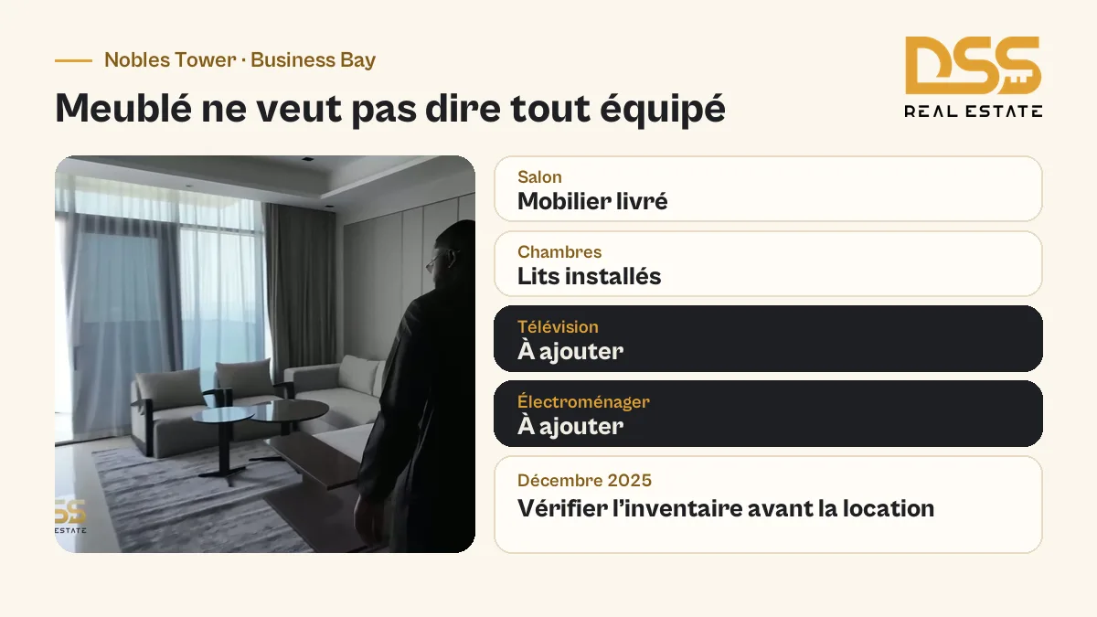 Appartement meublé à Business Bay : mobilier du salon et lits livrés, télévision et électroménager restant à ajouter