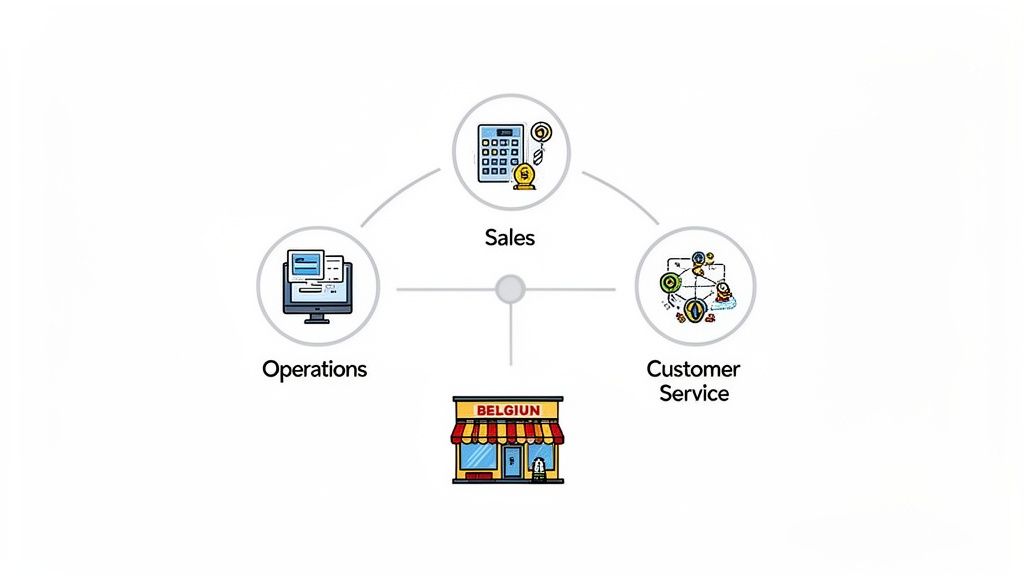 Diagram showing sales, operations, and customer service departments integrated around a business store.