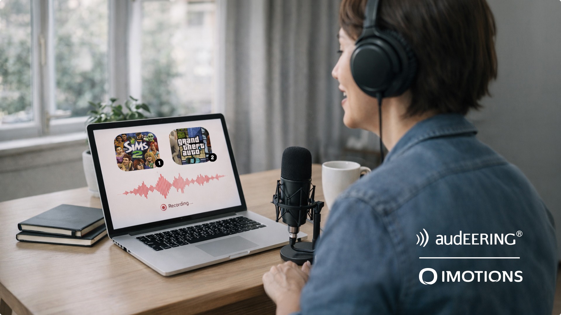 Frau hält ein MIkro in der Hand uns sitzt vor einem Laptop.