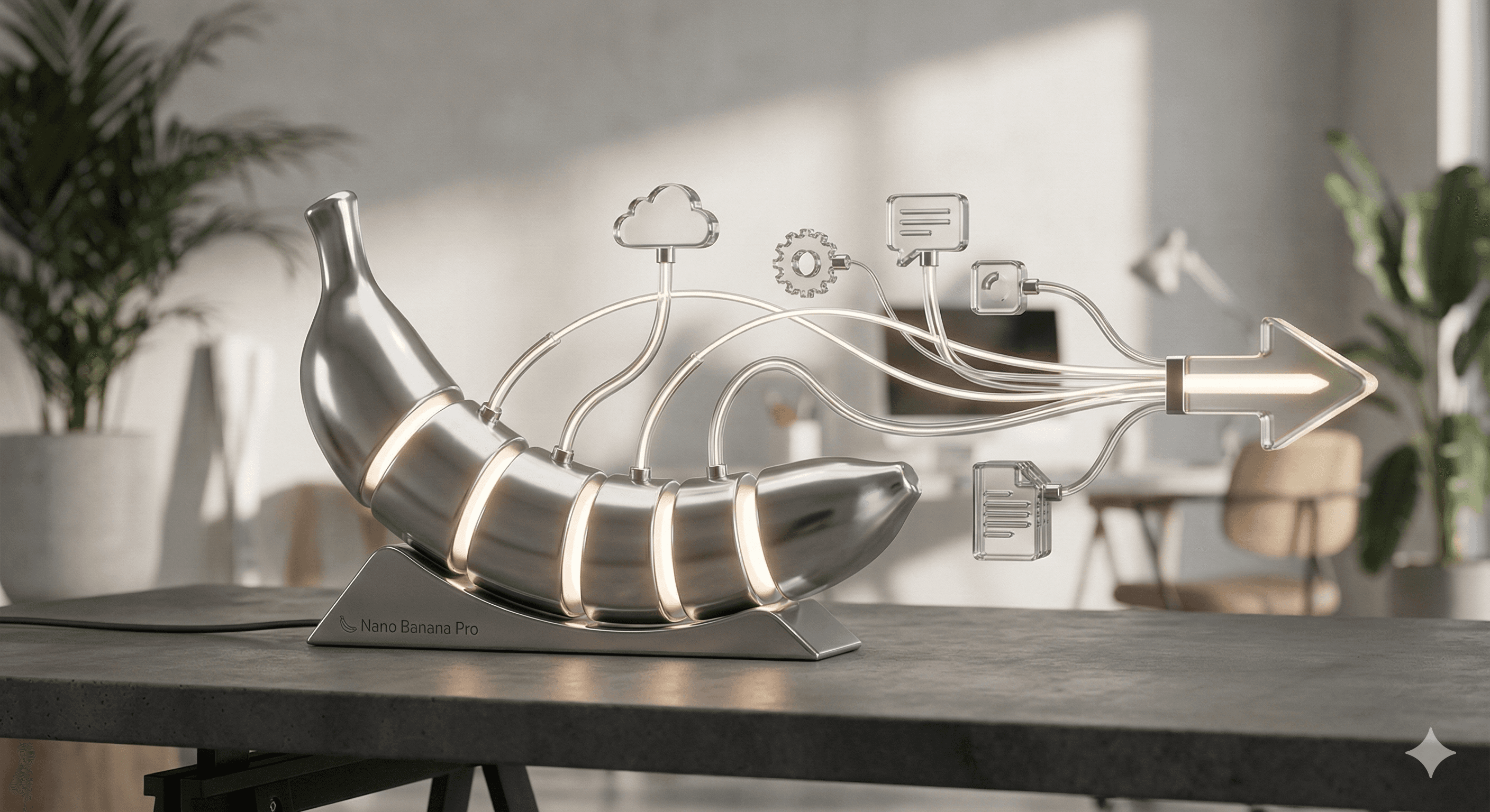 A metallic banana-shaped sculpture with glowing segments illustrates various digital workflow concepts, represented by icons of a cloud, gears, and documents, on a sleek office desk in a modern workspace, incorporating the theme of Nano Banana Workflows.