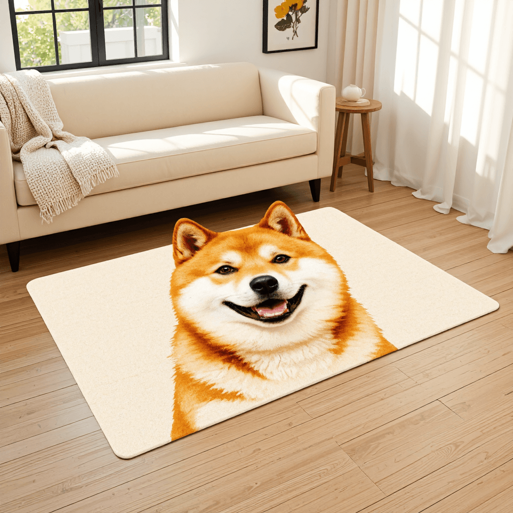 product photography of a decorative rug shaped like a dog's face, used for home decor