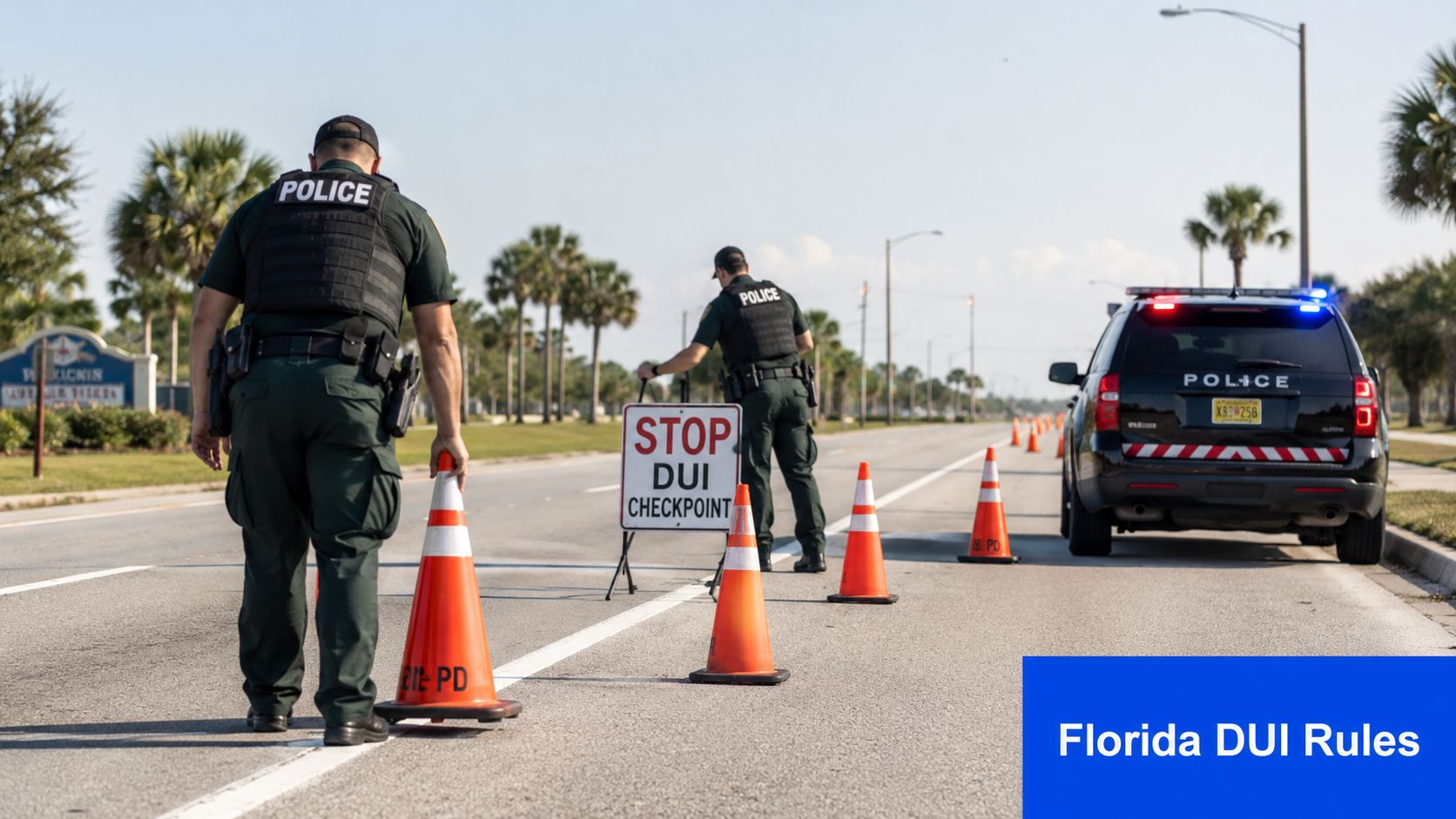 Police officers setting up a DUI checkpoint on a road with traffic cones and a patrol car.