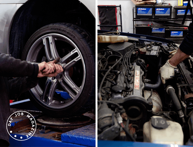 A diptych shows a person holding a car wheel on the left and a car engine on the right. The left image shows the wheel being inflated on a blue platform. The right image shows the engine compartment with visible components and storage shelves in the background.