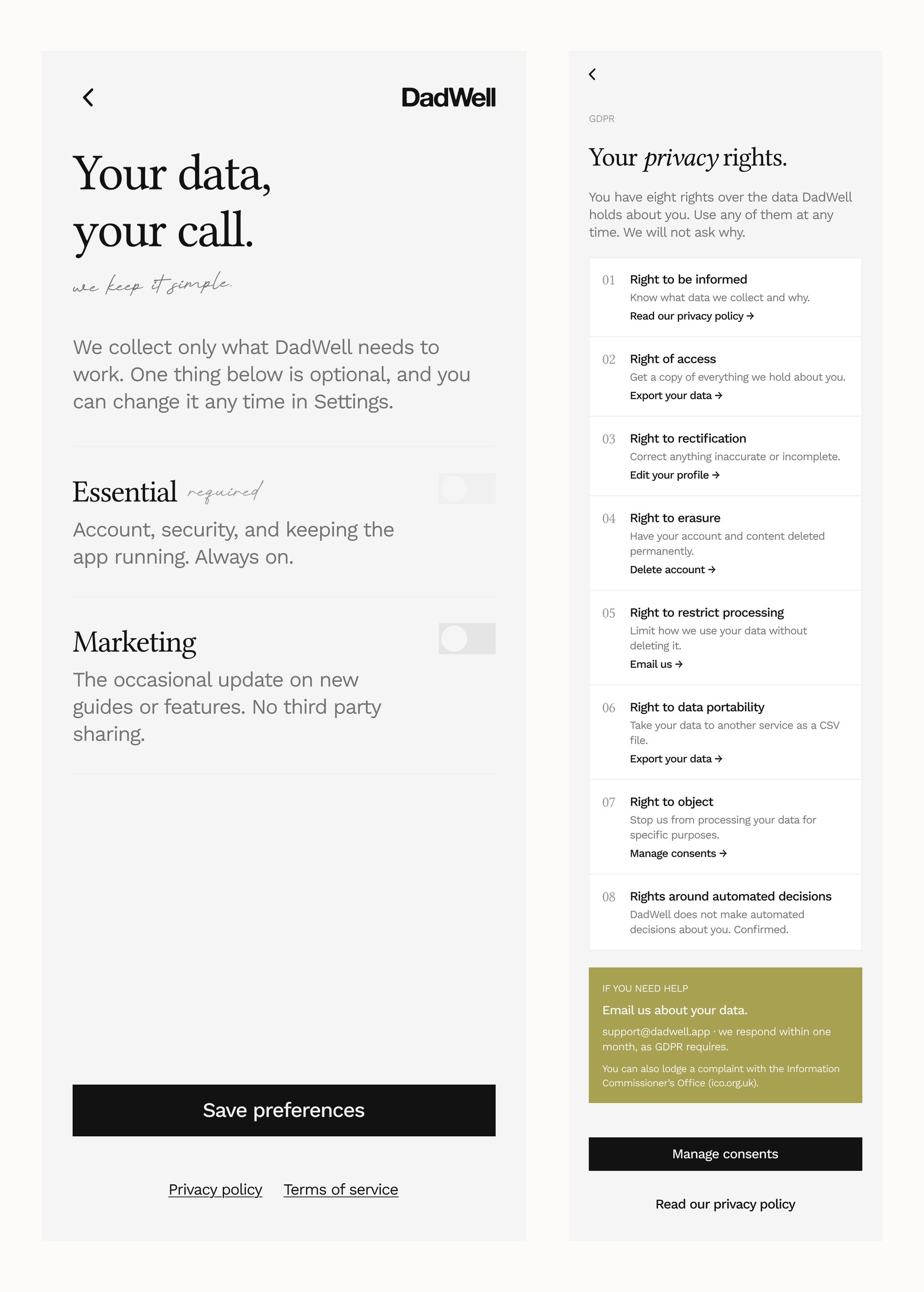 The onboarding consent screen beside the privacy rights page, where the eight rights are listed as things a father can act on rather than as a policy to read