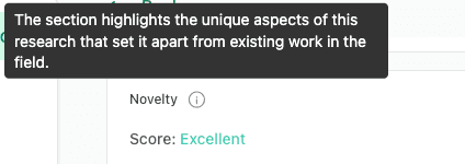 thesify novelty tooltip showing a novelty score and explanation of what the novelty section is expected to demonstrate.