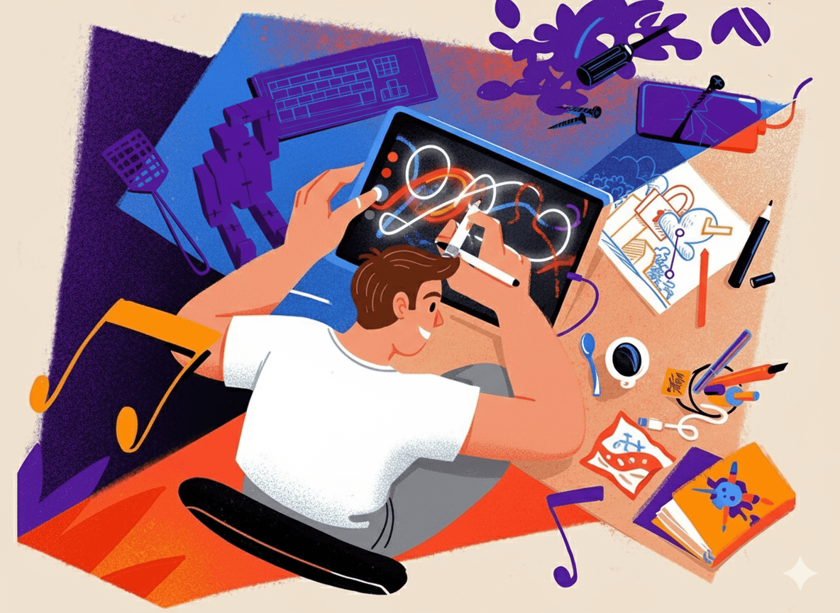 Vibrant illustration showing a designer creating logos, brand assets, and visual identity elements bursting with creativity.