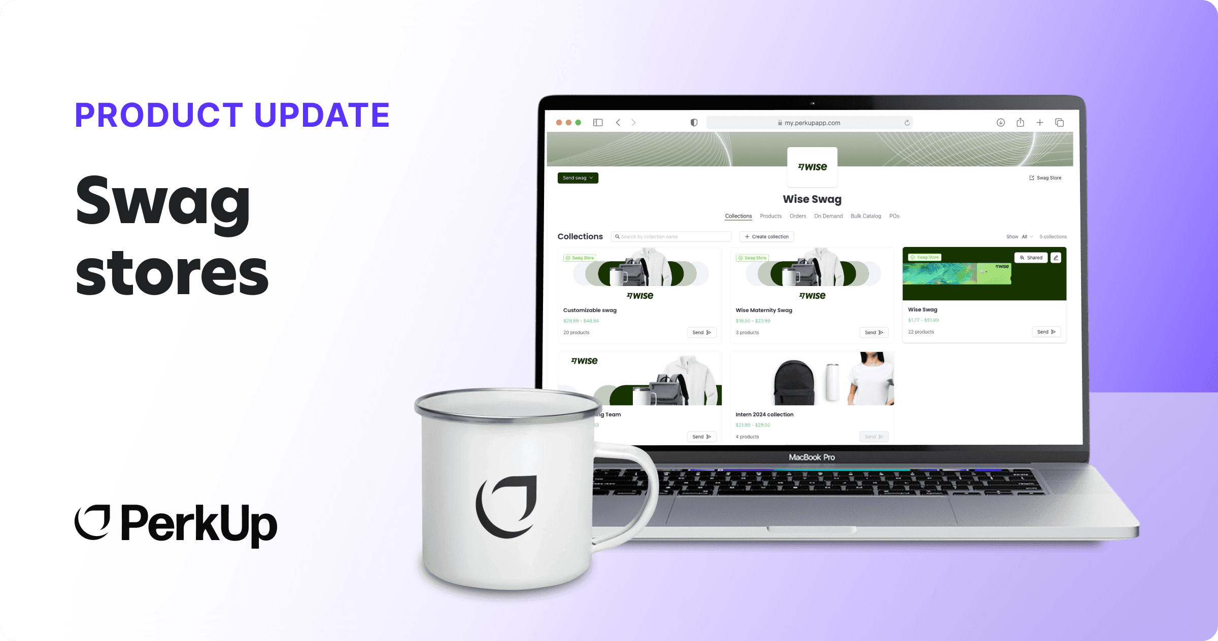 A laptop with a screen of swag stores of PerkUp. There's also a white mug in front with the PerkUp logo and a text saying Product Update swag stores.