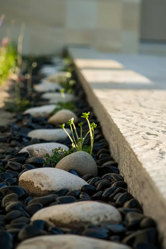 Stone and gravel installation detail, landscaping construction process