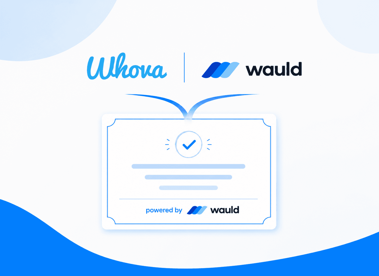 Illustration of a digital credential partnership between Whova and Wauld. The Whova and Wauld logos appear at the top, connected through a modern certificate displayed at the center. The certificate features a verification checkmark and "powered by wauld" branding, symbolizing verifiable digital credentials. On either side, connected interface elements represent credential sharing, verification, professional networking, and recipient access. The design uses a clean blue-and-white color palette with soft gradients, rounded shapes, and subtle abstract background elements to convey trust, security, and seamless credential management.