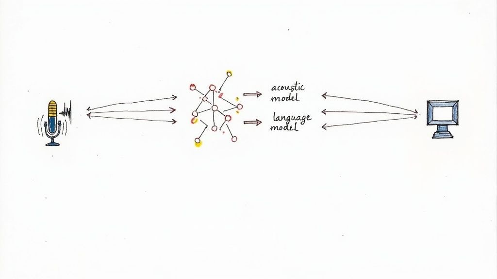 An illustration showing how a dictation application on a Mac converts spoken words into digital text.