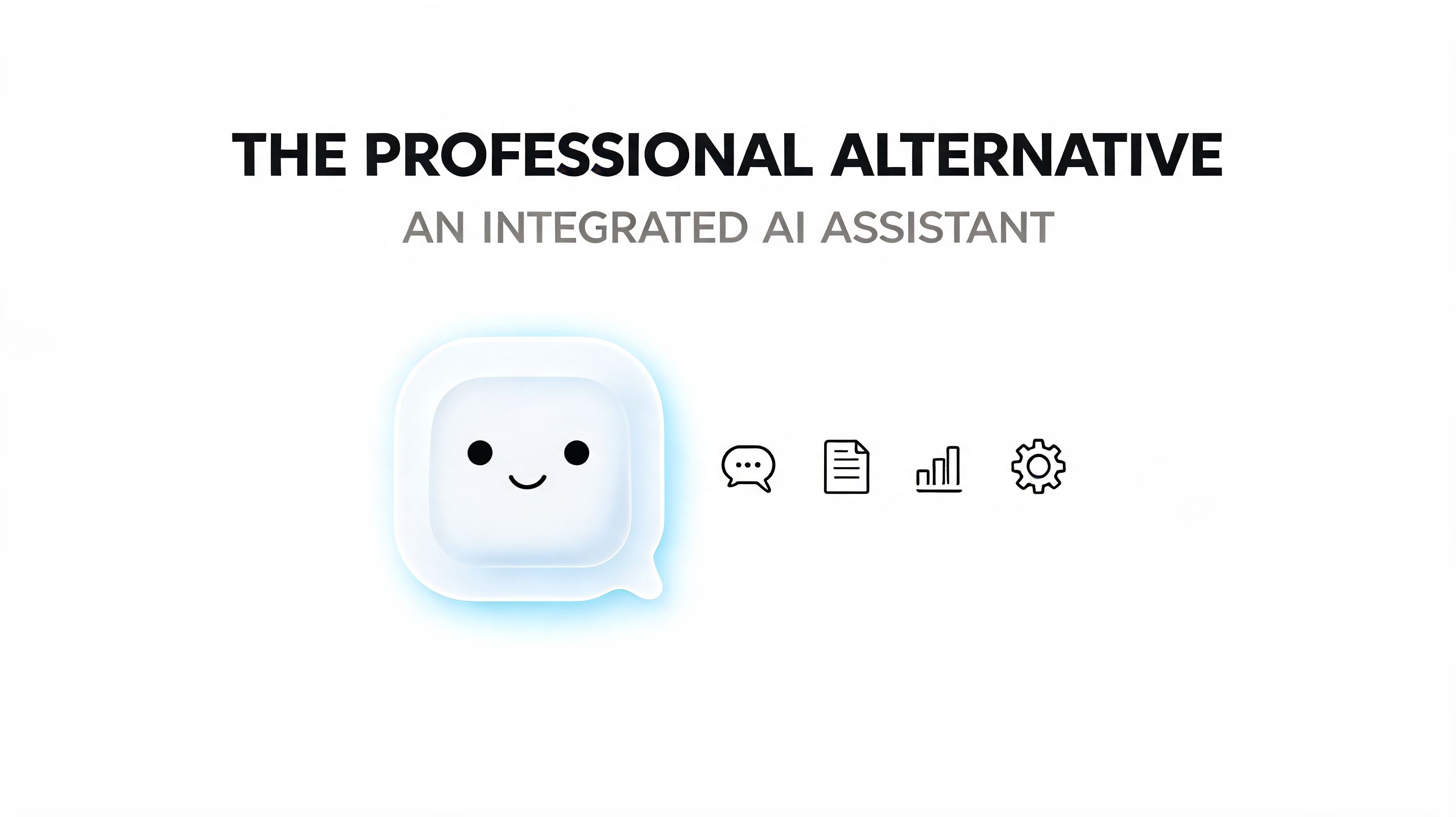 A minimalist graphic of a friendly white square AI assistant character with four icon options.