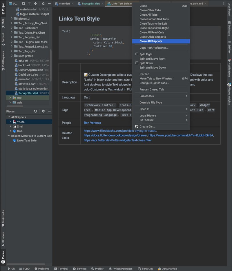 The context menu option to close all snippets.