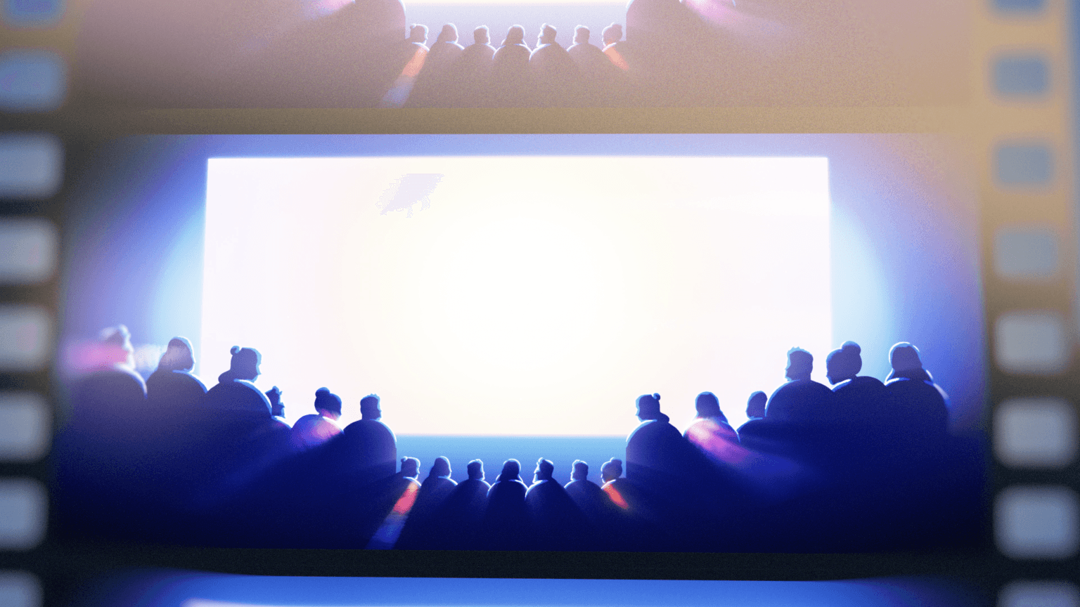 a film strip of people sitting in a dark cinema only lit by the movie screen