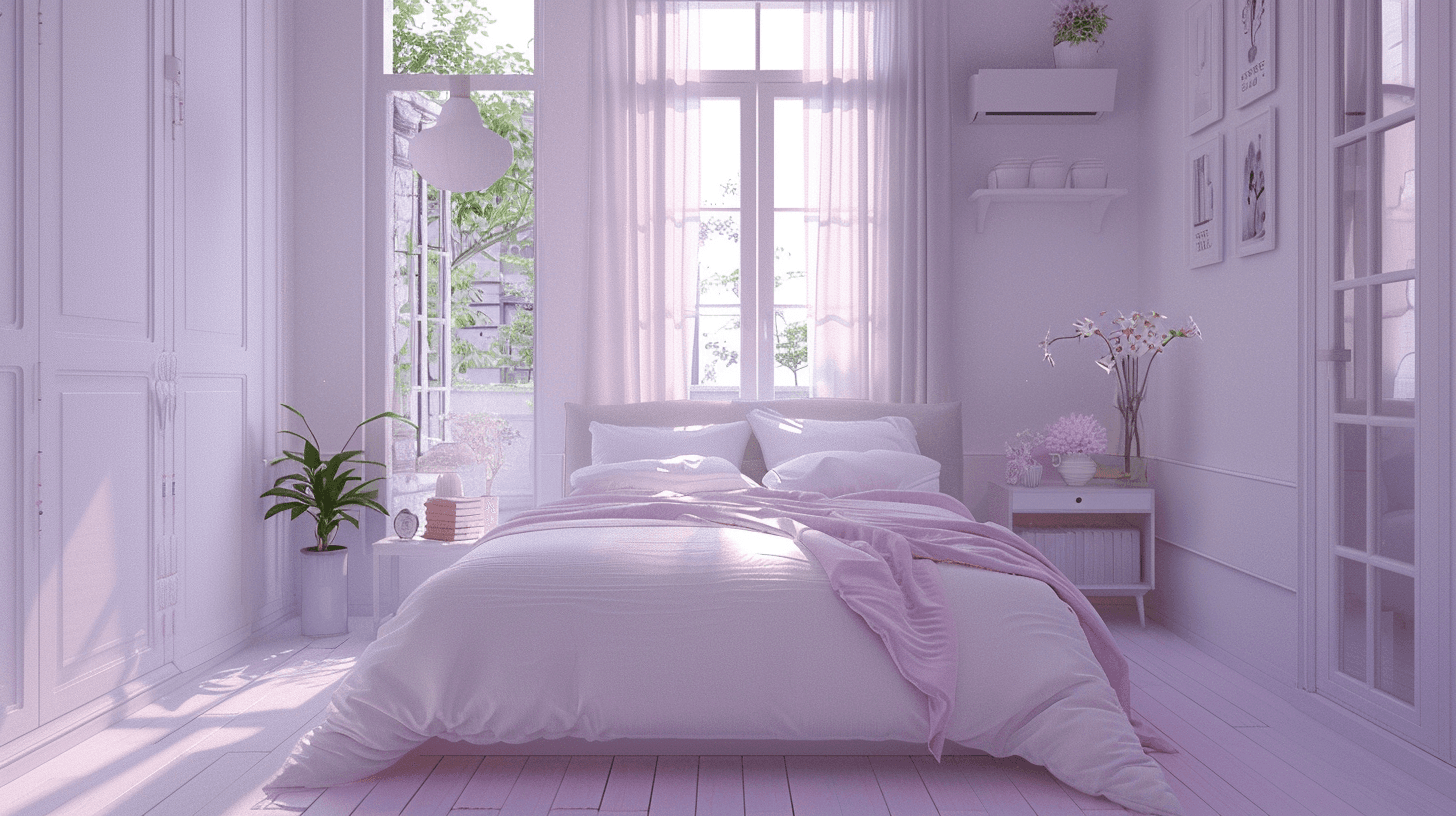 A serene bedroom with purple tones, a minimalist bed, wooden nightstands, and soft natural lighting.