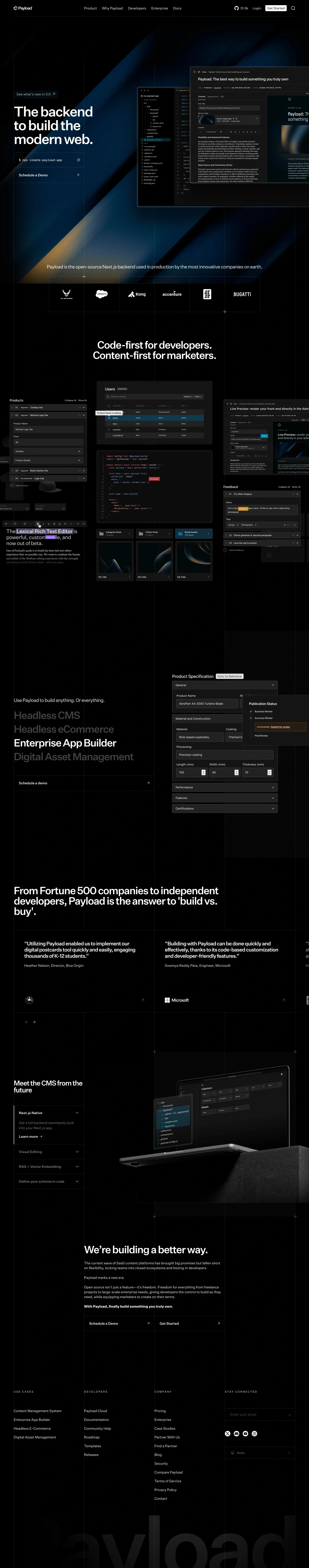 Payload CMS landing page screenshot showcasing Tech design
