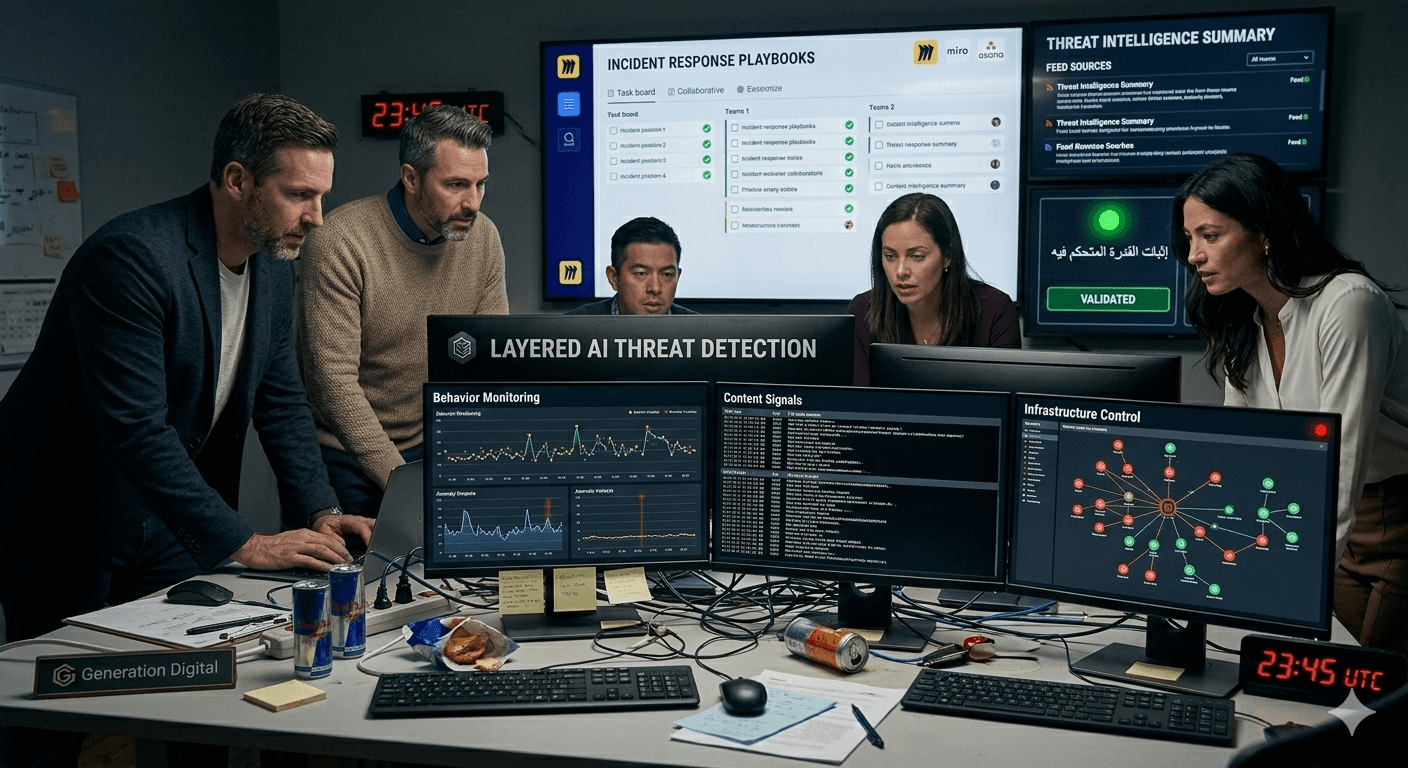 Five professionals are intently working together in a control room with multiple computer screens displaying graphs, threat detection data, and incident response playbooks, highlighting EVMbench: Benchmarking AI for Smart Contract Security.