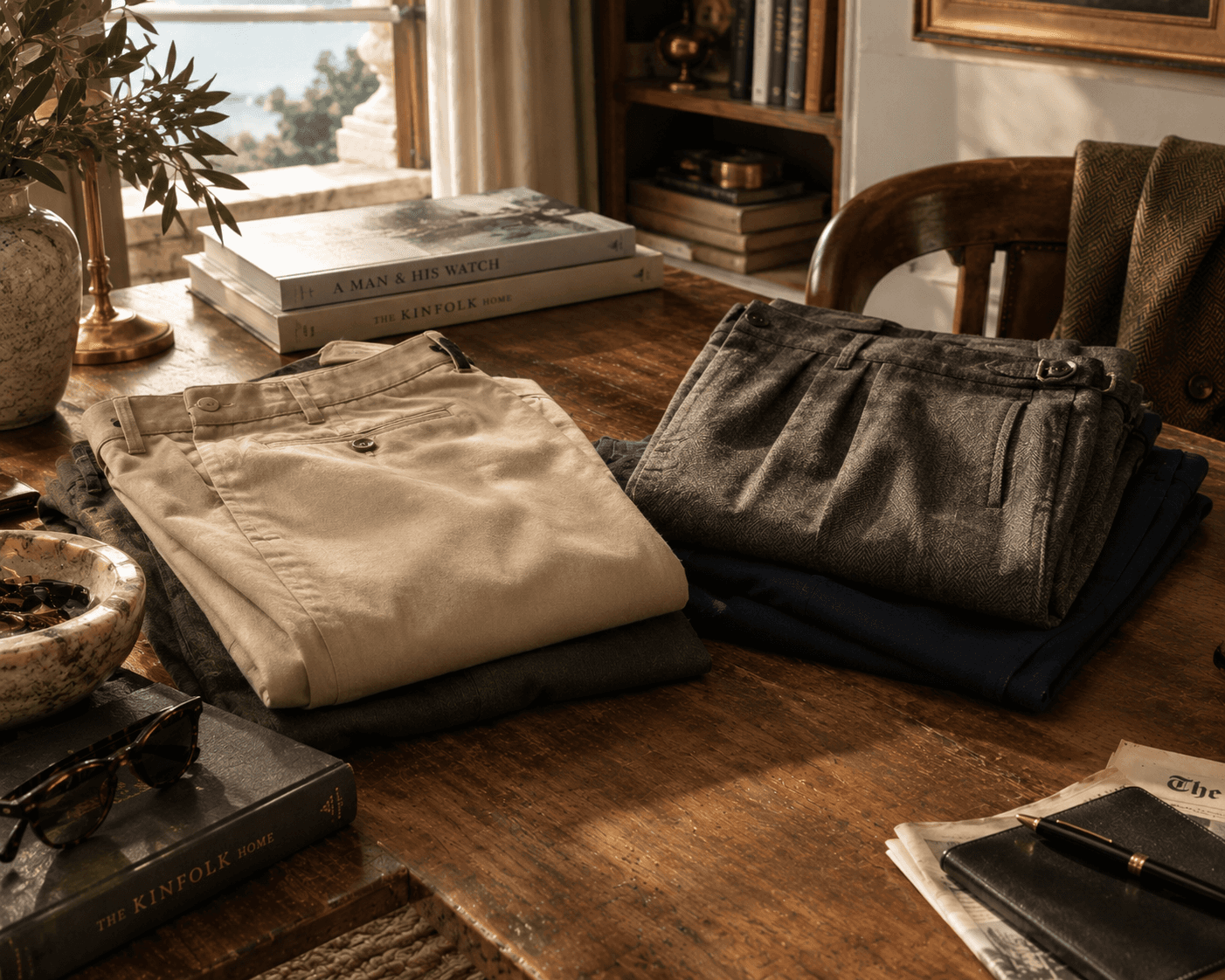 A refined menswear arrangement on a rustic dark wooden desk showing stacks of folded tailored trousers. On the left, light beige chinos sit atop olive green trousers; On the right, brown herringbone wool trousers with pleats and side adjusters sit atop navy trousers. The warm, sunlit scene is styled with hardbound design and watch books, tortoiseshell glasses, a marble bowl, a leather notebook with a pen, a newspaper, and a wooden armchair in front of a bookcase in the background.