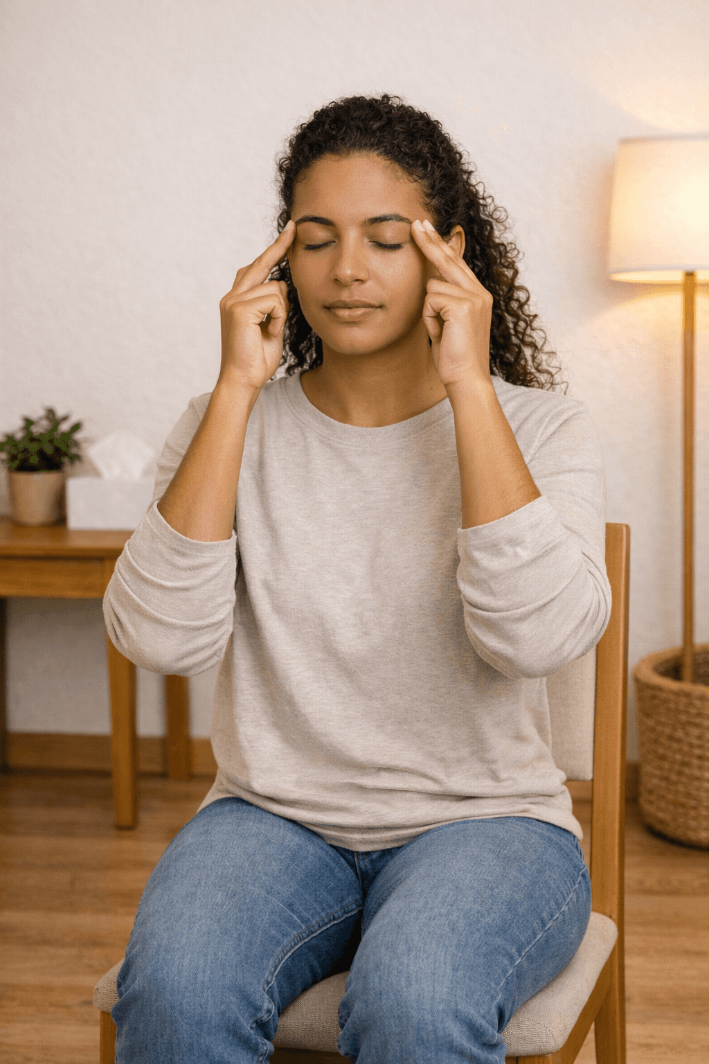 A circle of people sitting cross-legged, meditating with hands in a prayer position. Soft, warm lighting.