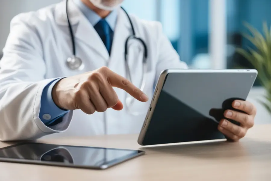 AI-assisted medical consultation shown as a doctor in a white coat with a stethoscope points at a tablet screen in a bright, modern clinical setting.