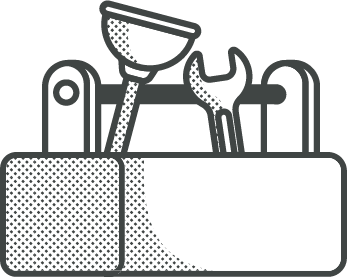 Toolbox with plunger and wrench, representing plumbing services.