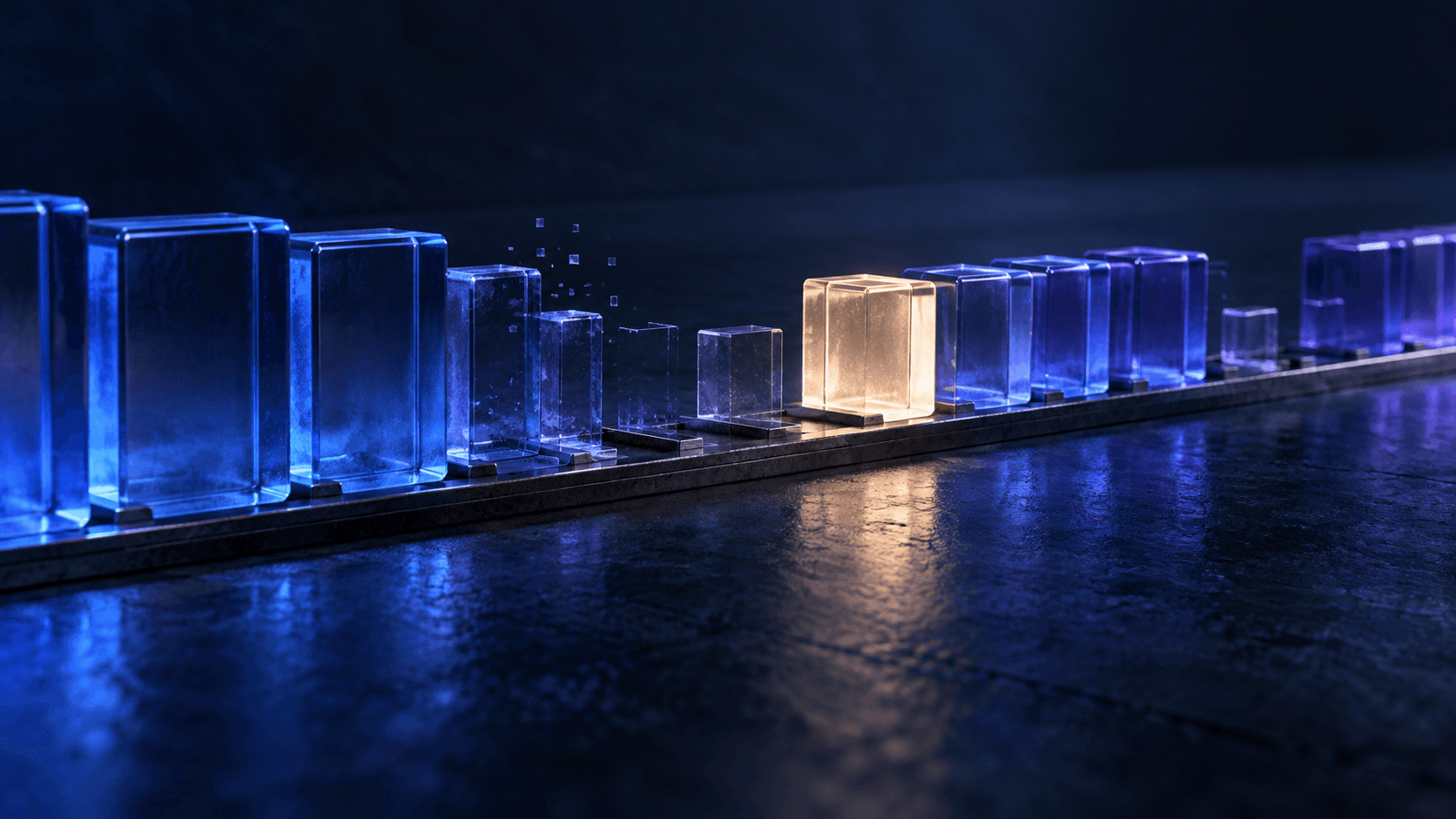 Blue and violet glass order blocks form a queue around one warm illuminated order on a dark navy price lane