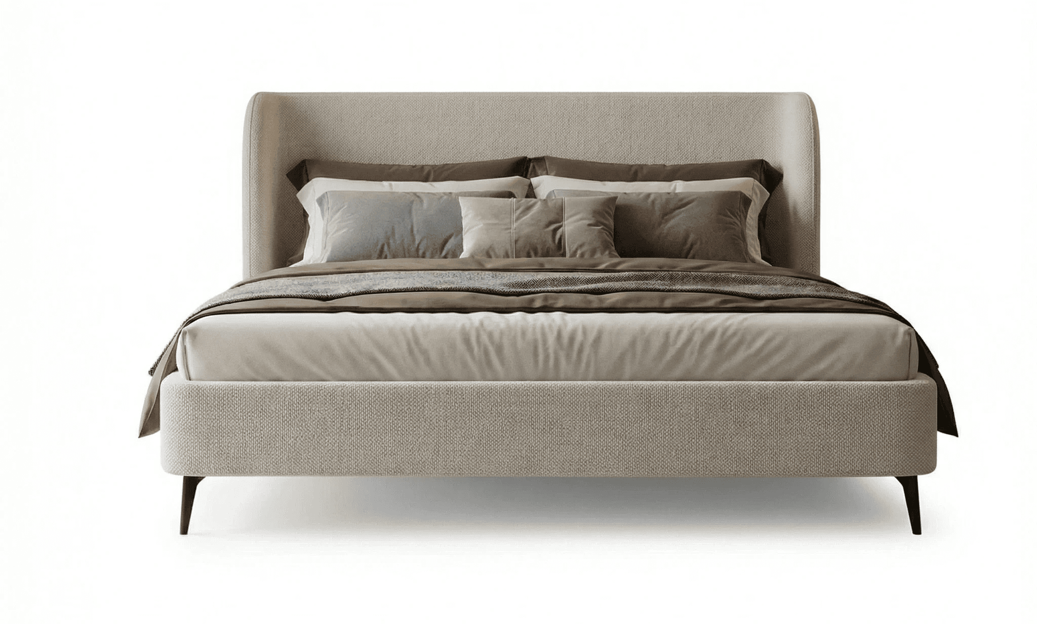 Modern bed with tall upholstered headboard, recessed base, and structured layout