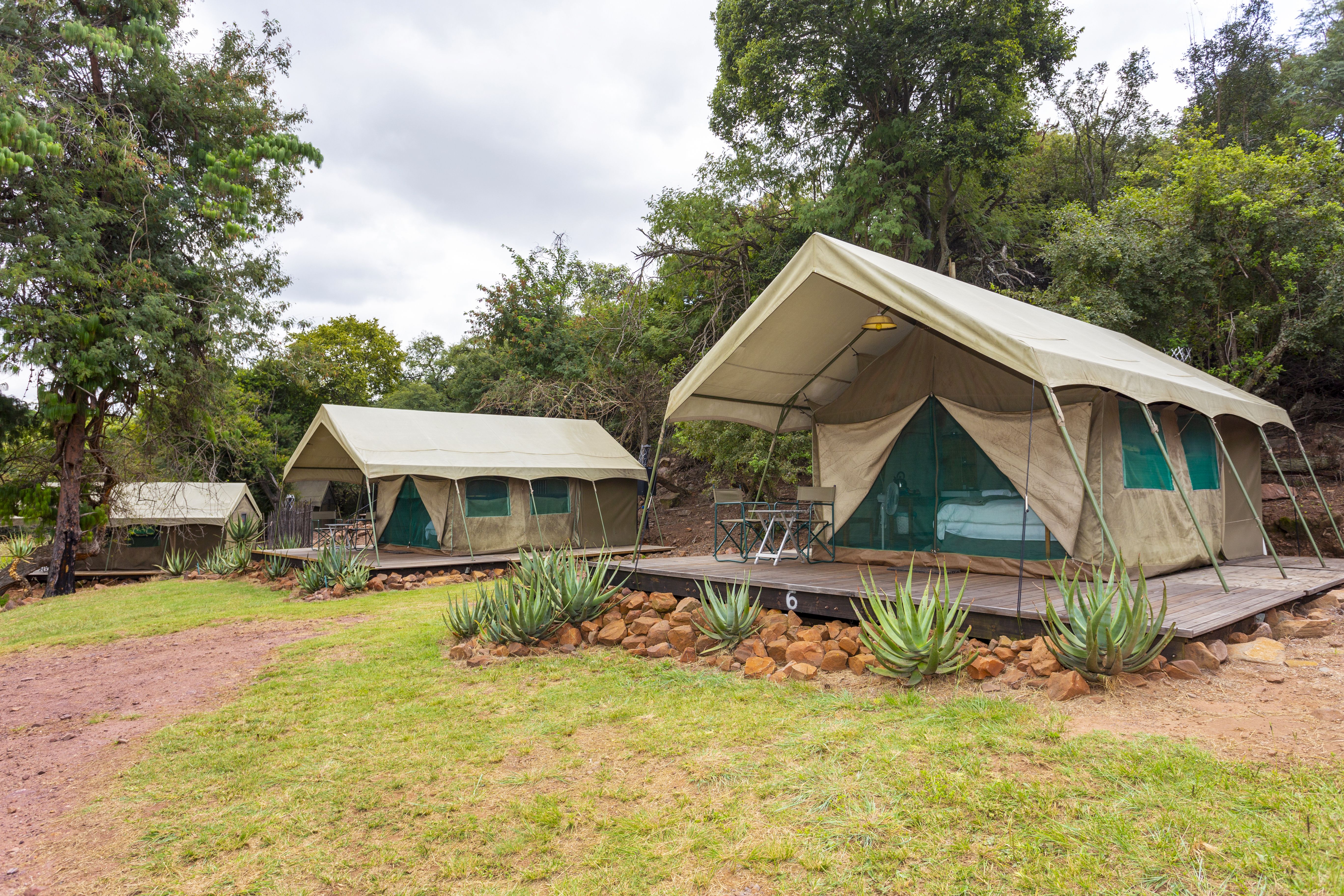 Kilimanjaro Elephant Ride, Arusha, Tanzania. Kvinna står framför ett tält uppsatt i vildmarken.