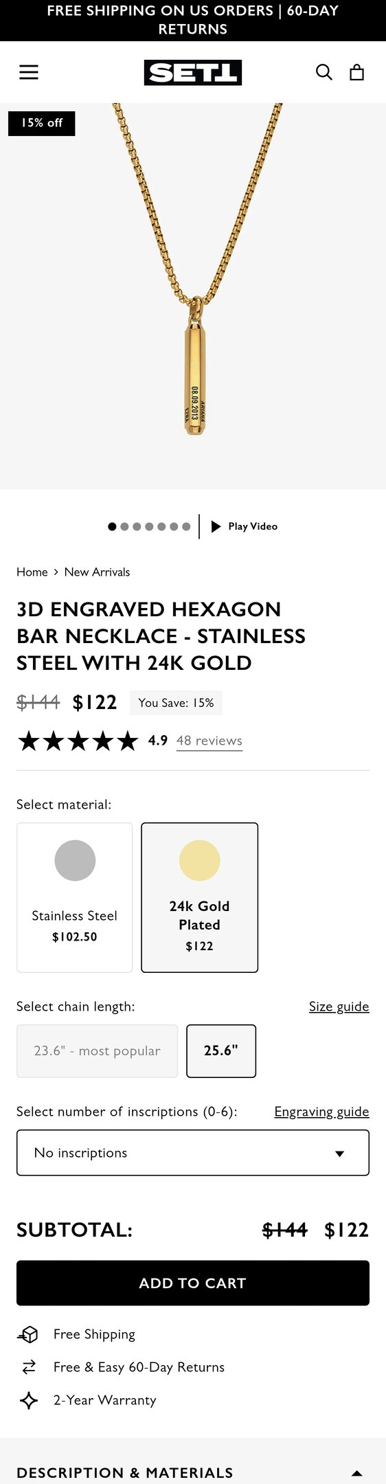 Jewelry product options include: necklace for 3D Engraved Hexagon Bar Necklace - Stainless Steel with 24K Gold from SETT&Co.