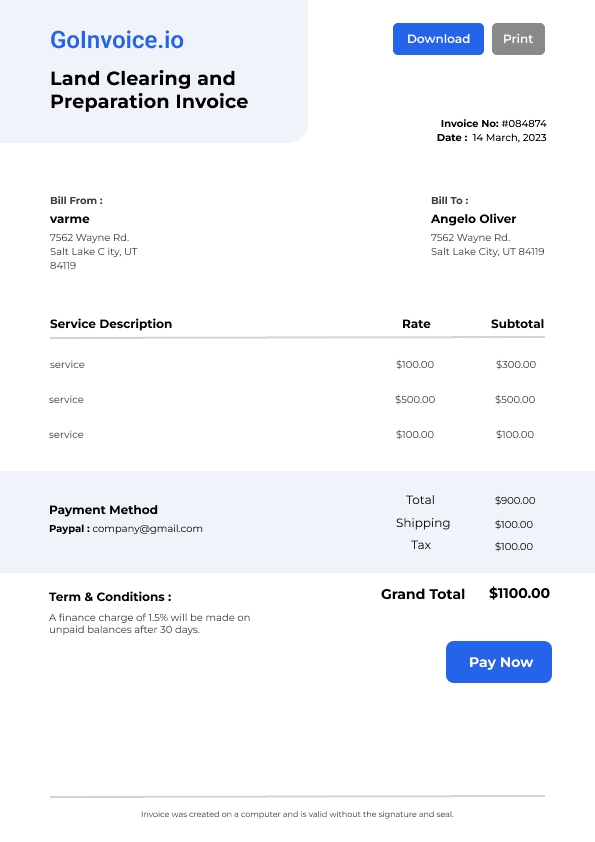 Land Clearing and Preparation Invoice