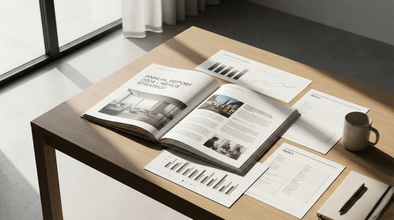 An open annual report on a wooden desk, surrounded by graphs, charts, documents, a pen, and a mug. Sunlight streams through nearby windows, casting shadows.