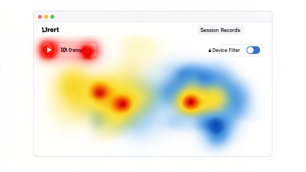 A digital interface with a heatmap showing user clicks and activity, highlighting hot spots near a play button and in central areas.